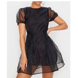 Pretty Little Thing Black Organza Puff Sleeve Fit & Flare Mini Dress Size 8 BNWT